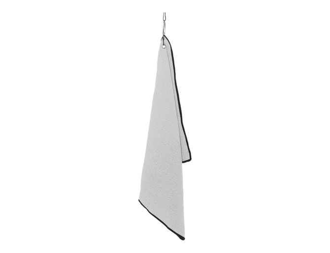 A grey golf towel with a black trim, featuring a hole for hanging. It also has a logo on it.