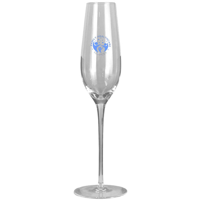 A clear glass champagne flute featuring a printed logo. Tall and slender design with a curved bowl.