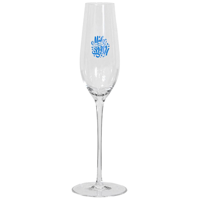 A champagne flute in clear glass with a blue logo design on the front.