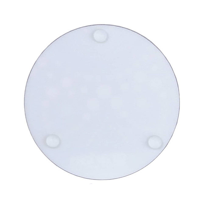 A round glass coaster in a translucent white hue, featuring three raised dots on the underside for grip.