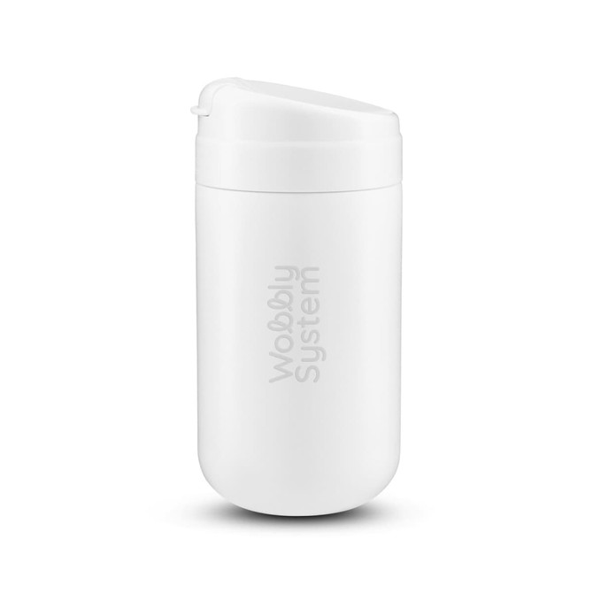 A white reusable coffee cup with a lid and a logo, designed for hot beverages.