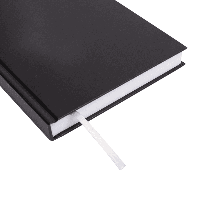 A black A5 diary features a smooth cover and a white ribbon bookmark. It has a sleek, modern design.