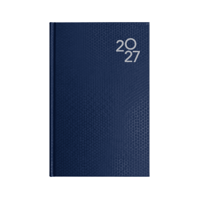 A navy blue A5 day-to-day diary featuring a textured pattern and a year indicator on the cover, along with a logo.