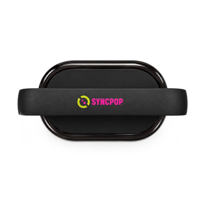 A black Bluetooth speaker with a curved design and a prominent logo.