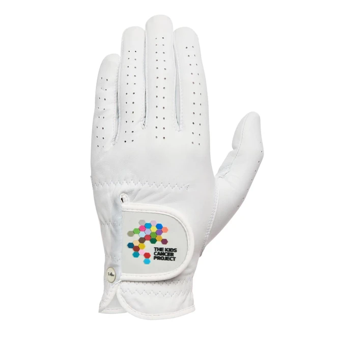 A white golf glove featuring perforations for breathability and a branded patch.