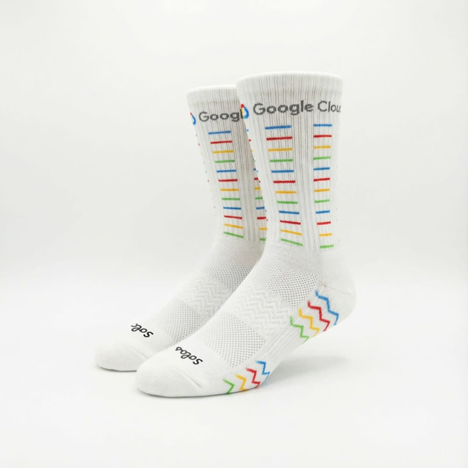 Custom branded cycling socks in white with multicoloured stripes and a branded logo on the side.