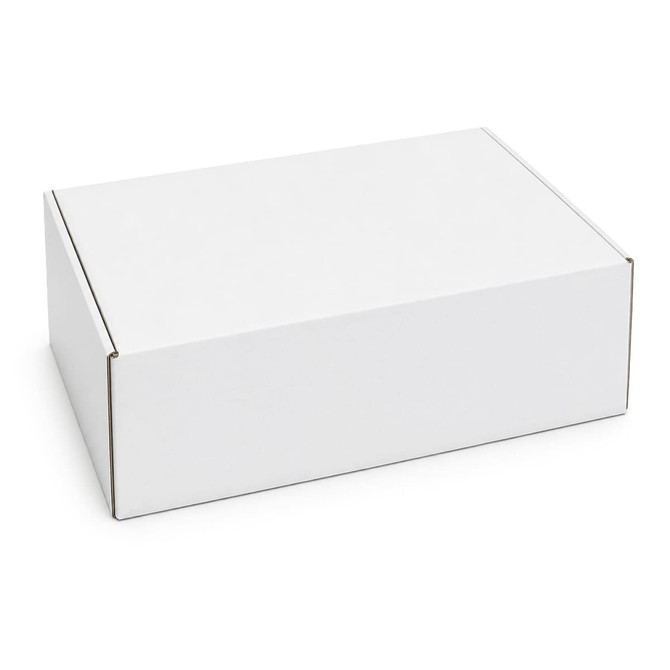 A white box with a locking lid, measuring 410 x 255 x 150mm, featuring a simple design and a logo.