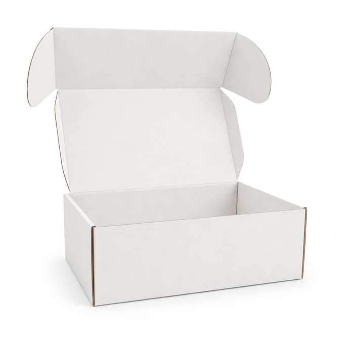 A white custom box with a locking lid, measuring 410 x 255 x 150mm, featuring an open top design and visible branding.