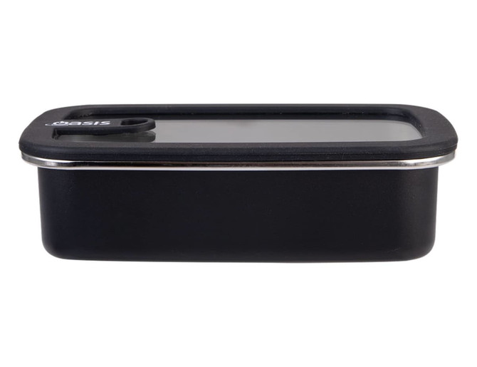 A rectangular stainless steel container in black, featuring a lid and a logo. It has a capacity of 700ml.