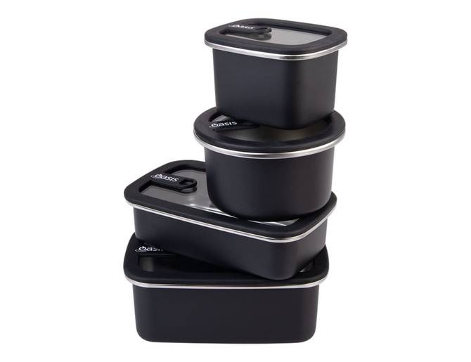 Four black stainless steel rectangular containers stacked with matching lids, featuring a logo on the side.