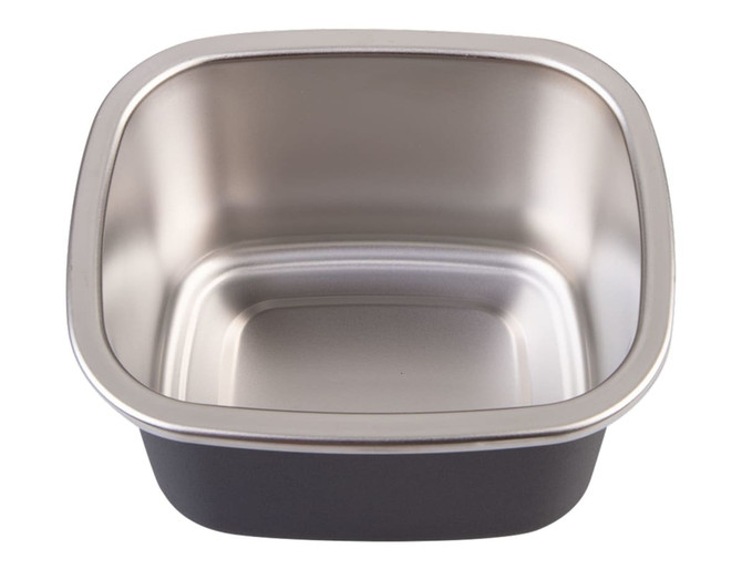 A stainless steel rectangular container with a black base, designed for microwave use, holding 500ml.