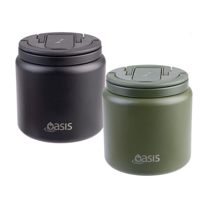 A food flask featuring a quick-release lid, available in black and olive green, with a spork included. It has a logo.