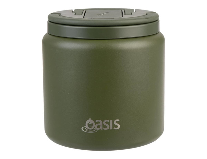 A drink bottle features a green insulated body, quick release lid, and spork, designed for keeping beverages warm or cold.