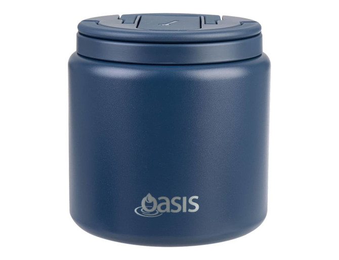 A drink bottle with a dark blue finish, featuring a quick release lid and a spork, designed for food storage.