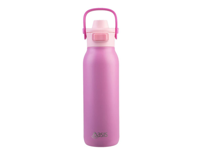 A drink bottle in vibrant pink with a dual spout and ceramic lining, featuring a handle and a logo.