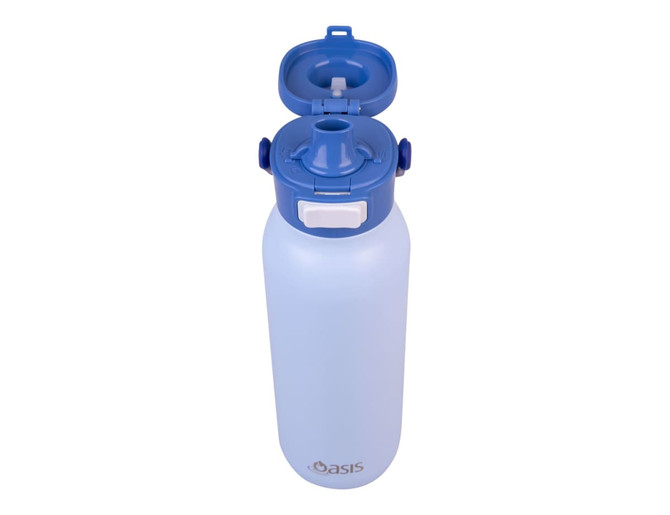 A drink bottle with a light blue ceramic-lined stainless steel body and dual spout, featuring a lid and a logo.