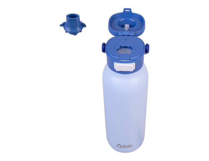 A drink bottle in light blue with a dual spout lid, featuring a logo. Includes a removable cap.