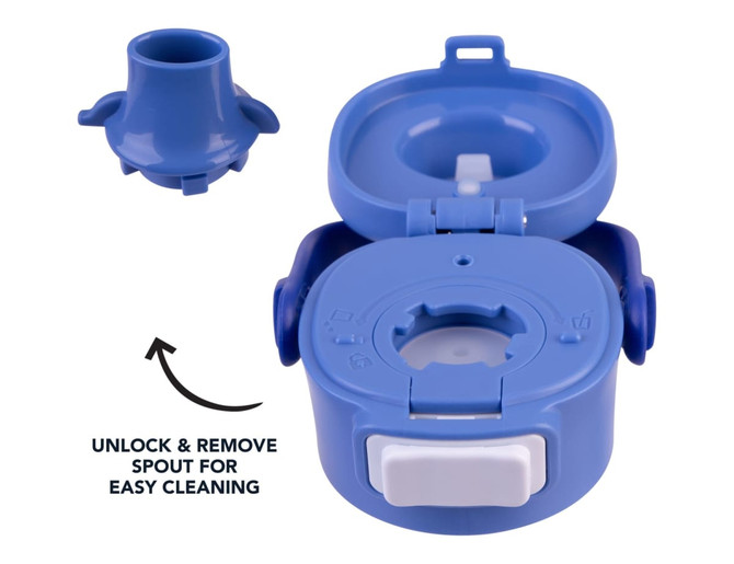 A drink bottle spout with a blue cap, featuring a removable design for easy cleaning. Includes a spout mechanism.