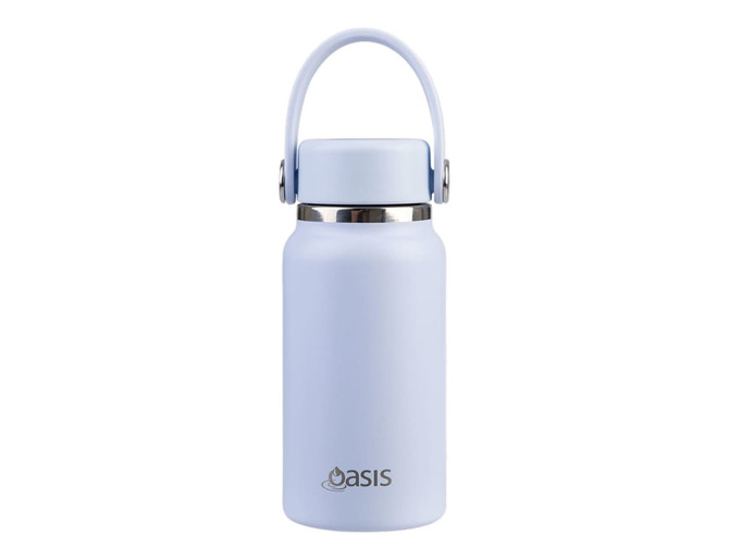 A drink bottle in light blue with a stainless steel lid and an attached handle, featuring a logo.