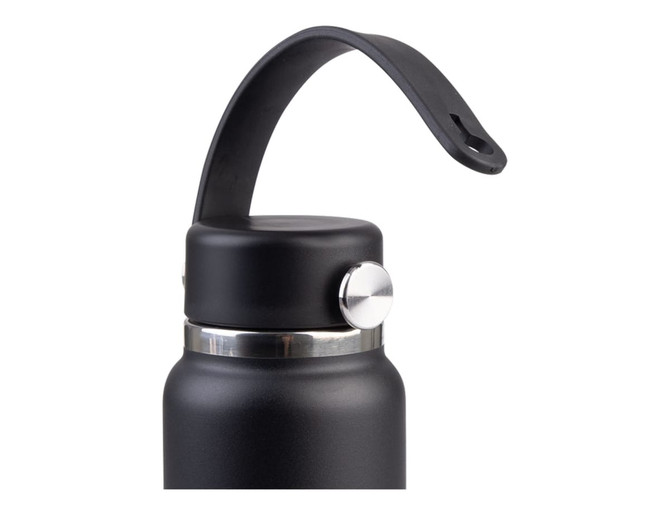 A drink bottle in matte black with a silver band and a black carrying strap at the top.