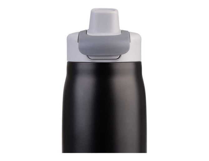 A drink bottle with a sleek black finish, featuring a grey flip-top lid and a logo.