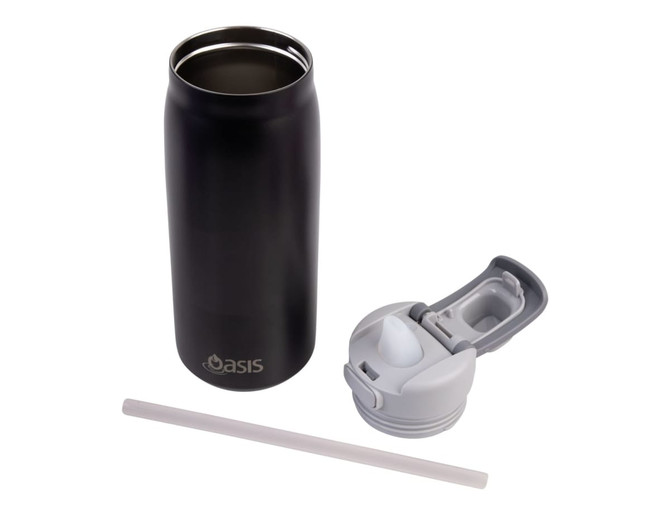 A drink bottle in black stainless steel with a grey flip-top lid and a straw. It has a logo on the side.