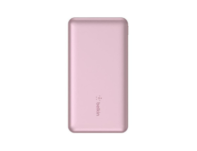A pink Belkin BoostCharge 10K 15W power bank with a smooth finish and a branding logo.