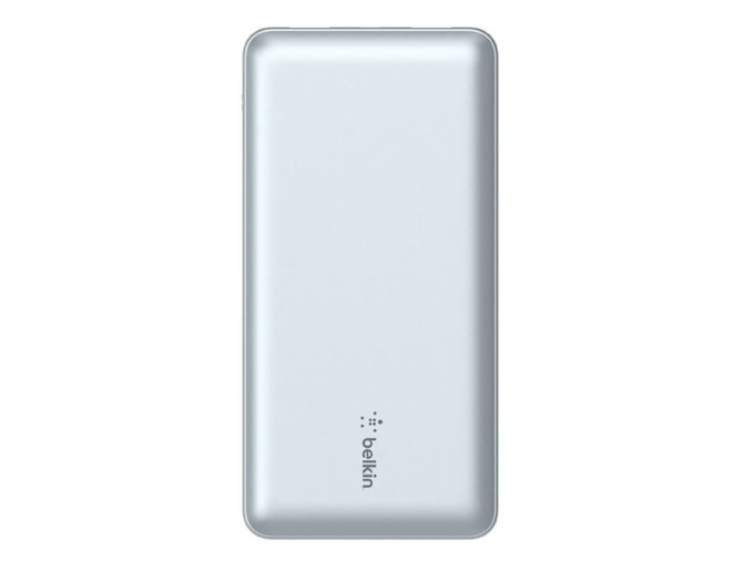 A silver power bank with a sleek design and a logo. It includes a charging cable.