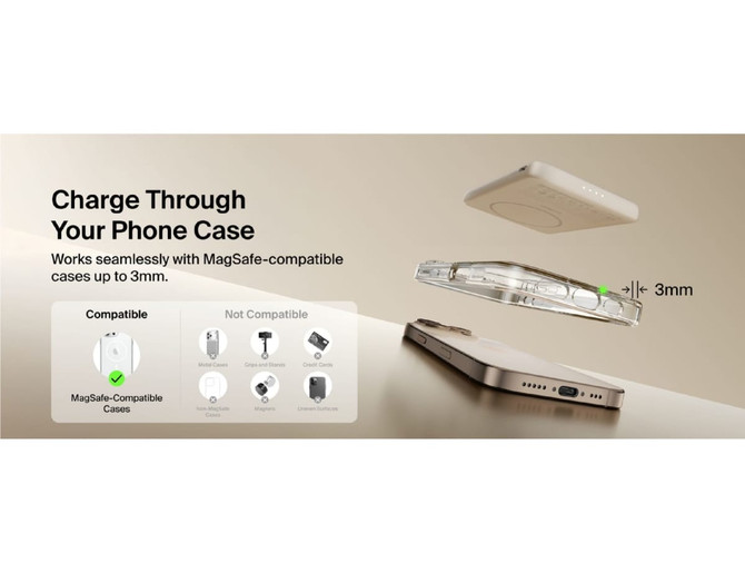 A power bank featuring a slim design, compatible with MagSafe cases up to 3mm, in a neutral colour. It has branding.