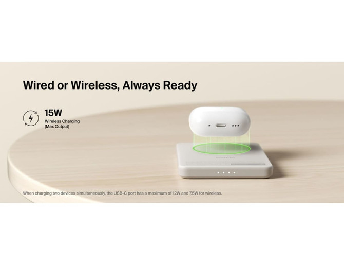 A magnetic power bank in white, featuring a charging pad with a green indicator light and a logo.