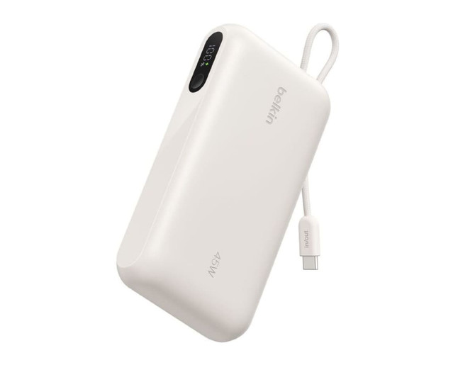 A white power bank with an integrated cable and display, featuring a logo on the side.