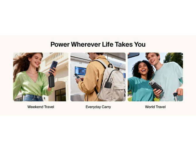A power bank in black with an integrated cable, displayed alongside diverse people in casual settings.