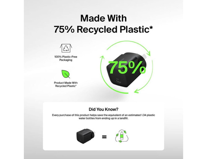 A black wall charger with a sleek design, featuring a logo and made from 75% recycled plastic.