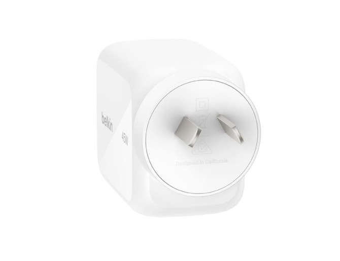 A white 45W retractable wall charger with two prongs and a logo.