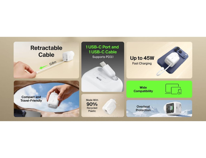 A wall charger with a retractable cable, featuring a USB-C port and a white design, with branding visible.
