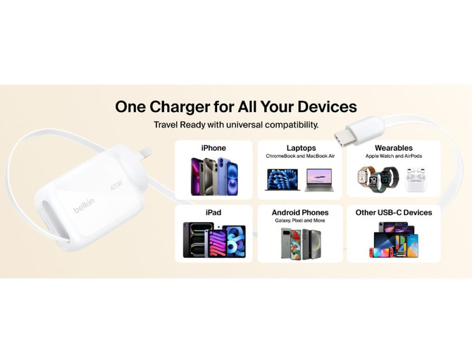 A white wall charger with a retractable design and a USB-C port, featuring a logo and compatible with various devices.