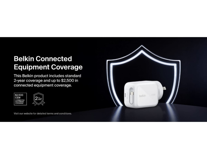 A white, rectangular wall charger with a retractable plug, featuring a logo and equipped with a protective shield design.