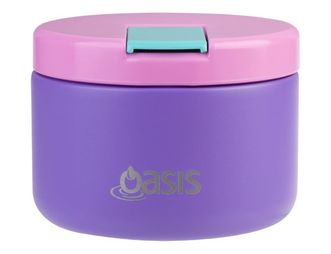 A food flask in purple with a pink lid and a teal quick release latch, featuring a small logo.