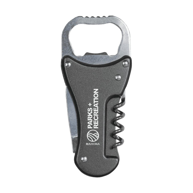 A drink bottle opener tool in black with a silver metal opener and corkscrew, featuring a logo.