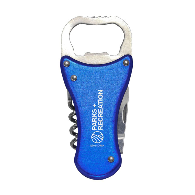 A drink bottle opener in blue with a corkscrew and a silver bottle opener. Features a logo on one side.
