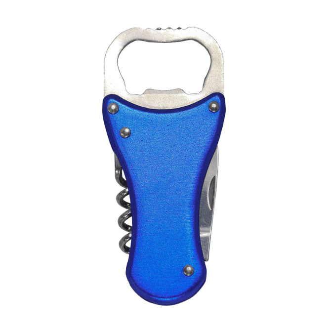 A drink bottle opener multi-tool with a blue plastic handle, metal bottle opener, and corkscrew feature.