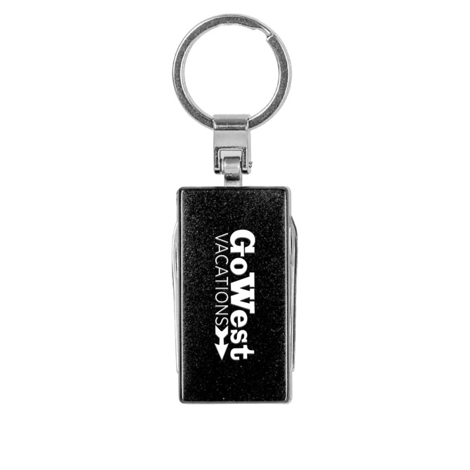 A black multi-tool keyring with a silver keyring attachment and a branding logo.