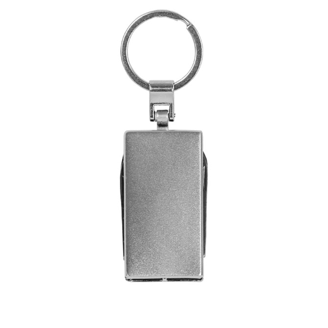 A silver multi-tool keyring featuring various small tools attached to a keyring. It has a sleek, metallic design.
