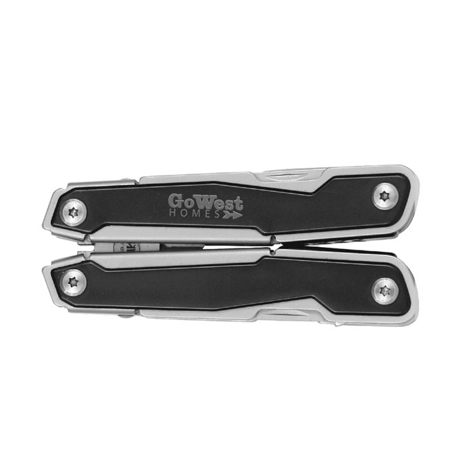 A multifunction tool featuring a black and silver design with a logo, showcasing a compact and sleek appearance.