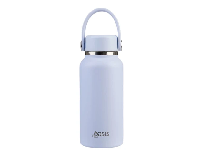 A drink bottle in pastel blue, featuring a carrying handle and a logo on the front.