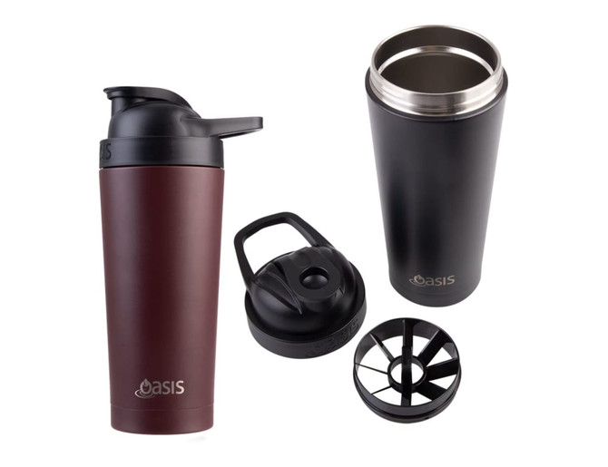 A drink bottle featuring a dual-colour design in maroon and black, with a removable lid and agitator.