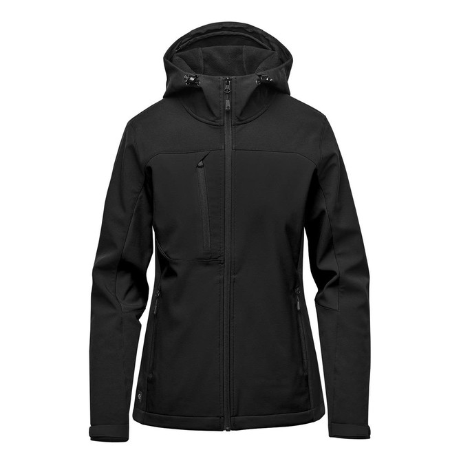 A black women's hooded softshell jacket featuring a front zipper and a chest pocket, with a logo on it.
