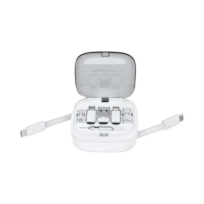 A retractable 60W fast charging and data cable set in a white case, featuring multiple connector types.