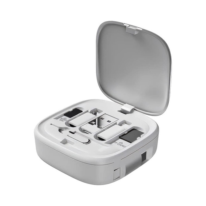 A compact grey storage case containing a retractable 60W fast charging and data cable set with various connectors.
