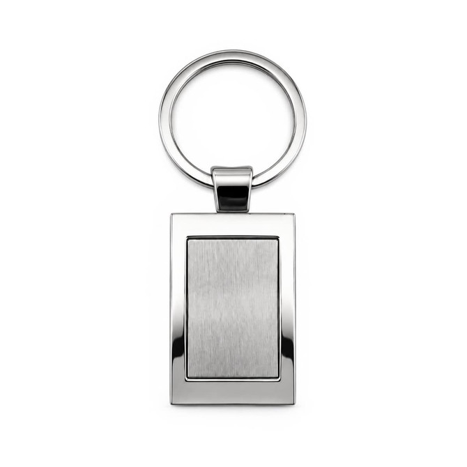 A silver rectangular keytag with a smooth surface and a circular keyring attachment.